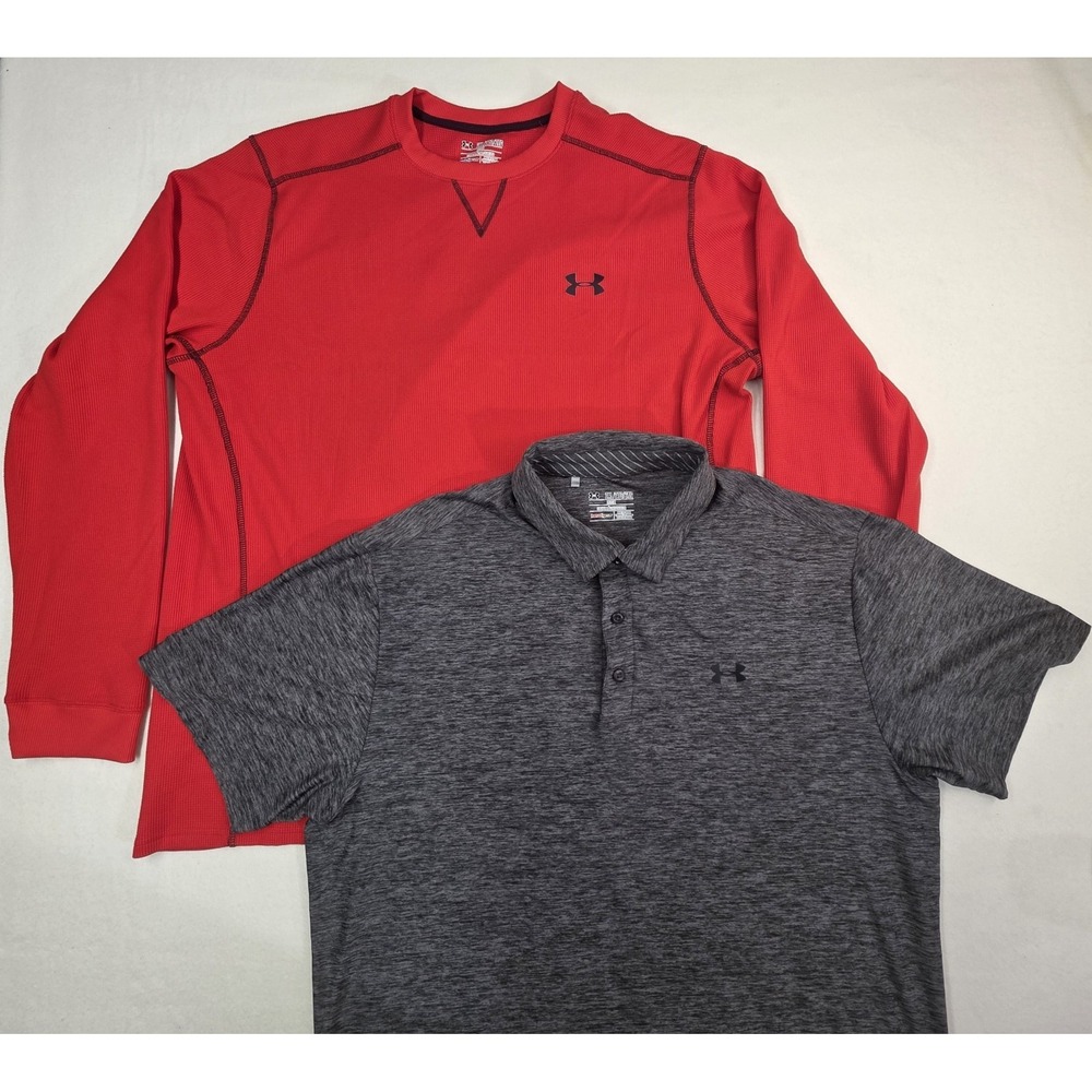 2 Lot Under Armour Shirts Mens 2XL Thermal Polo Loose Fit Gray Red LIMITED USE - Picture 1 of 7